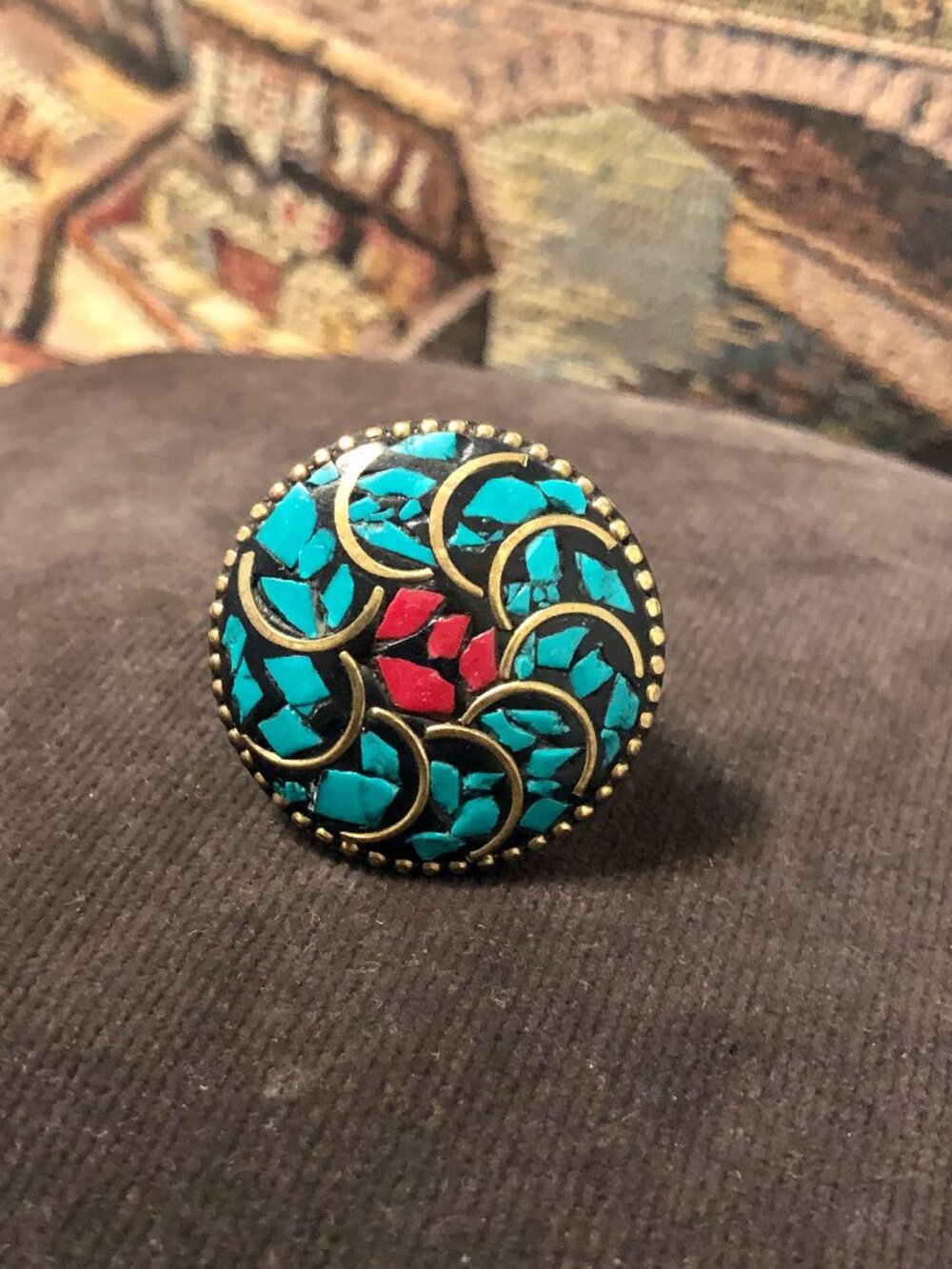 Mosaic Gold Tone Brass Statement Ring Red and Turquoise Color Stones Size 10